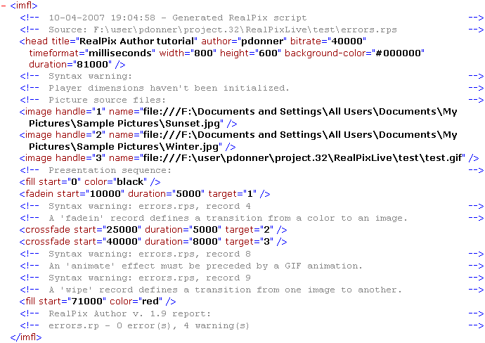 XML-skripti, jossa toimitusvälineen merkitsemiä virheitä