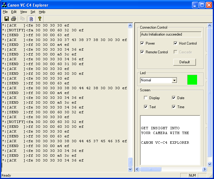 Communication message view of Canon VC-C4 Explorer