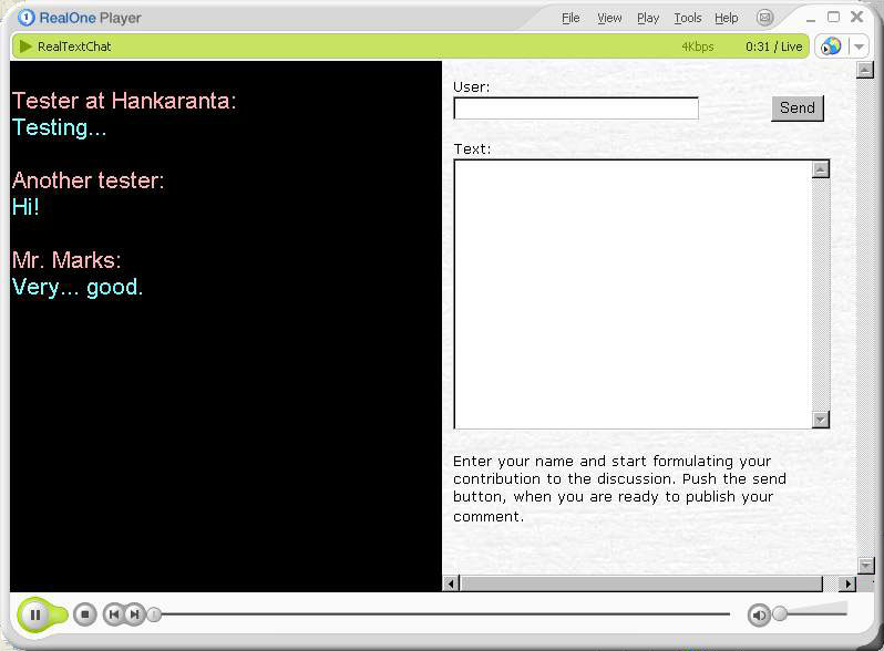 RealPlayer window with chat output and an input form