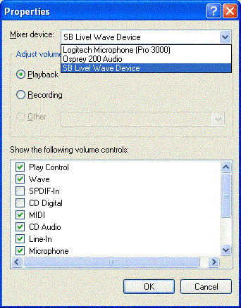 Selection of mixer device and destination lines in property dialog