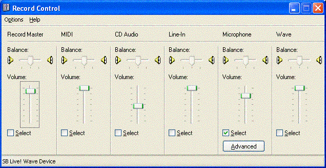 Recording section of the Windows mixer utility